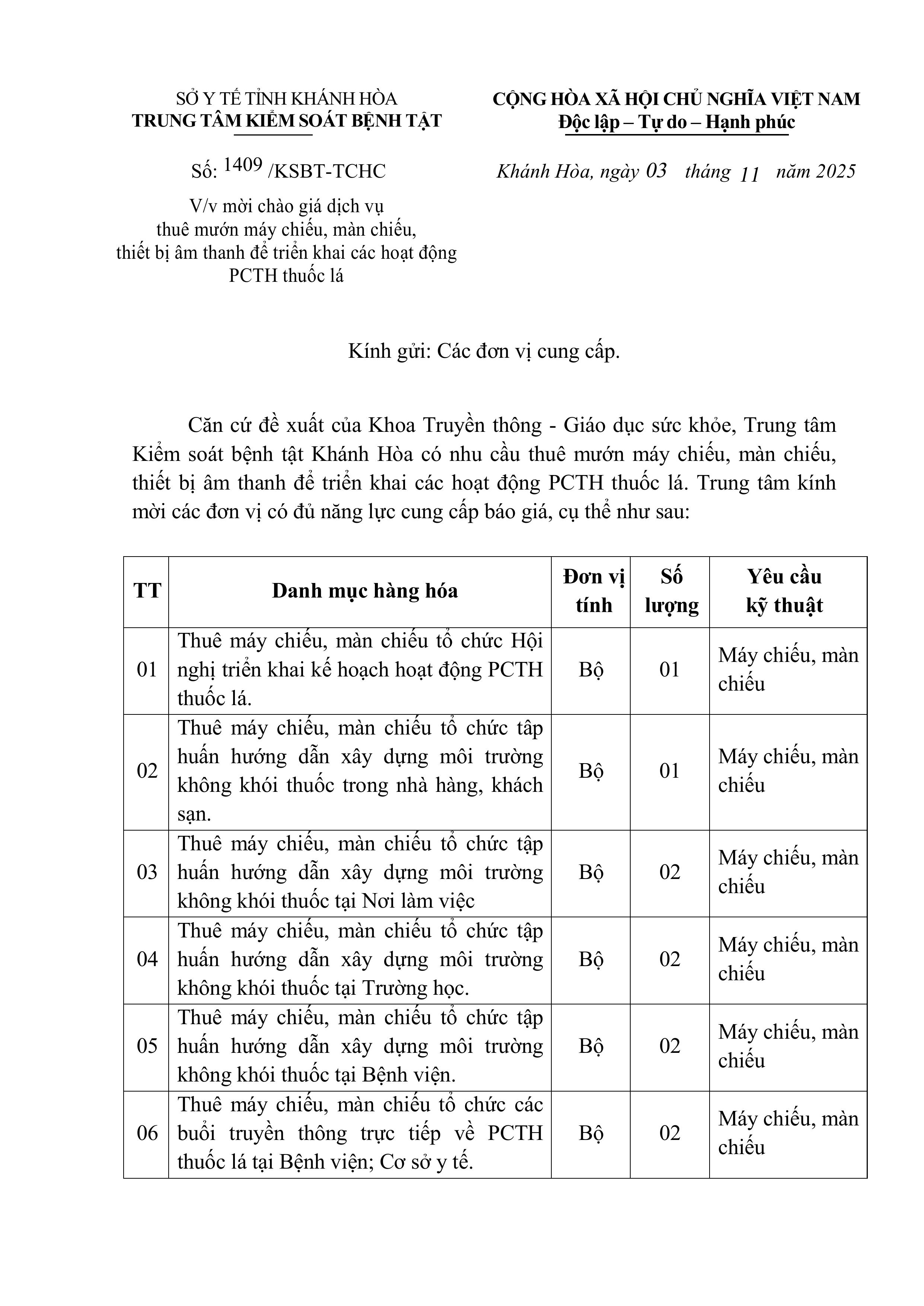 V/v mời chào giá dịch vụ thuê mướn máy chiếu, màn chiếu, thiết bị âm thanh để triển khai các hoạt động PCTH thuốc lá